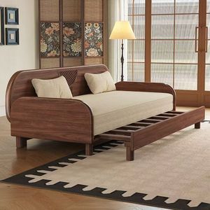 Solid Wood Folding Sofa Bed Black Walnut Fabric Seat <b>Cushion</b> Living Room Sleeping Sofa <b>Small</b> Apartment Use - Product Image 4
