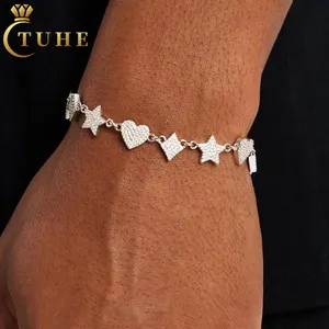 Fashion Hip Hop Jewelry Gift 6mm 10mm 925 Sterling Silver VVS Moissanite Iced Out Star Heart Rhombus Motif Tennis Bracelet