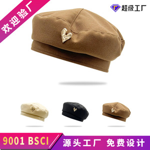 Korean Style Heart Shape Beret Women Winter Wool Solid Color Painter Hat For Warmth And Wind Protection - Product Image 5