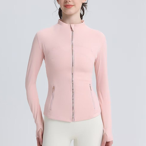 Jaket Olahraga Wanita Tanpa Jahitan Bernapas dengan Ritsleting Emas, Cepat Kering, Lengan Panjang, Atasan Lari, Set Yoga dan Set Wanita - Product Image 4