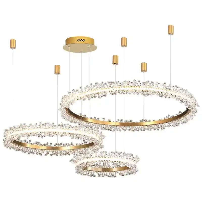 Lustre de anéis dourados com led, moderno, luminária de teto, anel de cristal, lâmpada