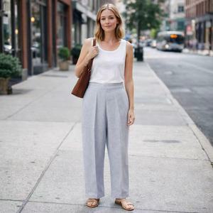 <span class=keywords><strong>Pantaloni</strong></span> Casual da <span class=keywords><strong>Donna</strong></span> Personalizzati in Misto <span class=keywords><strong>Lino</strong></span> e Cotone, Blu Chiaro, Vita Alta, Gamba Larga Plissettata, Taglio Corto con Tasche Laterali - Product Image 1