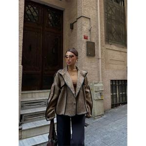 Autumn & Spring Ladies Cashmere Crop <b>Jacket</b> with <b>Sheep</b> <b>Skin</b> Leather Trim Brown Custom Logo Dyed Satin Silk Lining Short Length - Product Image 5