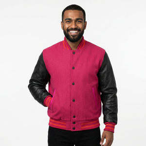 <b>Men's</b> Hot Sale Varsity <b>Jackets</b> Custom Made Wool Body with <b>Leather</b> Sleeves Embroidered Pink Black CollegeBaseballjacket for <b>men</b> - Product Image 1