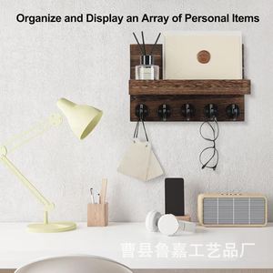 Wooden Wall-Mounted Storage Rack With Large <b>Hooks</b> And Deep <b>Shelf</b> For Entryway Key And Household Items - Product Image 3