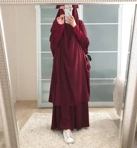 斋月开斋节伊斯兰穆斯林吉尔巴布套装素色全盖奈达祈祷穆斯林Khimar Niqab Burqa 2件Batwing abaya Jilbab