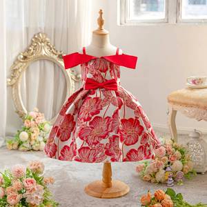 MS <b>Chinese</b> Style Wedding Strapless <b>Red</b> Jacquard Embroidered <b>Dresses</b> for 2 to 10 Years - Product Image 5