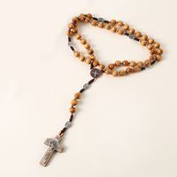 Collier Chapelet Catholique Perles 10mm Croix de Prière Jérusalem Bijoux en Bois Faits à la Main Transfrontaliers