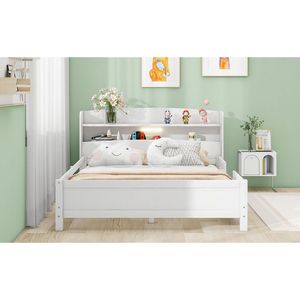 White Full-Size Wood Platform <b>Bed</b> for Kids Built-In LED Light Storage Headboard Guardrail - Product Image 6