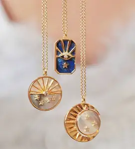 Minimalist Tarot Card Pendant Necklace Brass Zircon Necklace Sun Moon Star Eye Necklace Women