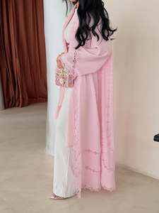 Abaya de luxe rose Hafizah, Kaftan de Dubaï, <span class=keywords><strong>robe</strong></span> longue élégante à bords dentelés, Kimono ouvert pour femmes musulmanes modestes - Product Image 3