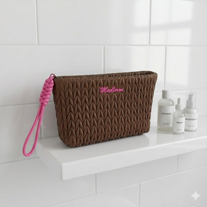 Soft Makeup Pouch Designer Padded Cosmetic Bag Portable Travel <b>Toiletry</b> Organizer Brown Bubble Fabric Beauty <b>Storage</b> Case - Product Image 6
