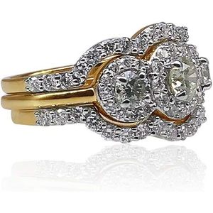14k Yellow Gold Round Brilliant Diamond Three Stone Halo Engagement <b>Ring</b> Women's Bridal Jewelry Set - Product Image 2