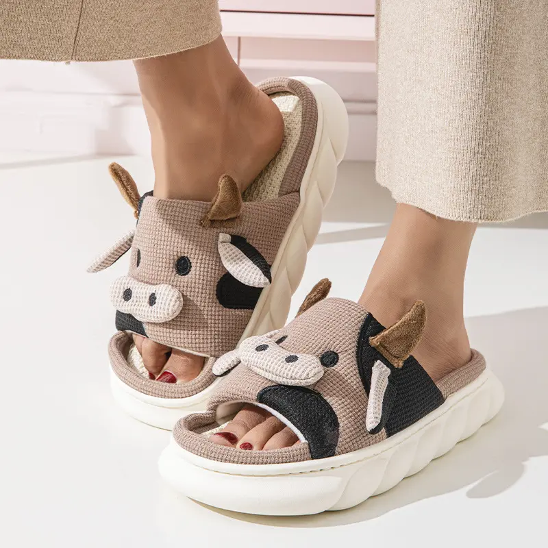 Women Summer Sandals Cute Cow Slipper Anti-skid Flip Flops Linen Opening PVC Bottom Slippers