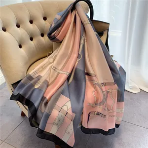 Syal Cetak Rantai Mode Musim Semi Kustom untuk Wanita Syal Tabir Surya 180X90Cm Selendang Sutra Satin Syal Mewah Syal Penutup Kepala