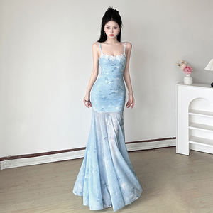 Vestido largo de verano estilo INS con encaje y patchwork, vestido de malla con estampado floral ombré, estilo sirena, elegante para mujer. - Product Image 6