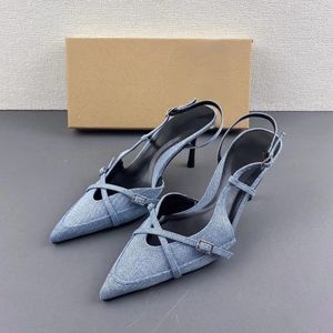 รองเท้าส้นสูงผู้หญิงแบบสลิงแบ็ค ปลายแหลม ผ้าเดนิม ส้นสูง - Product Image 2