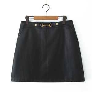 Runqi กระโปรงสั้นหนัง PU เอวสูง, กระโปรง N9032สีทึบพร้อมหัวเข็มขัดโลหะ - Product Image 1