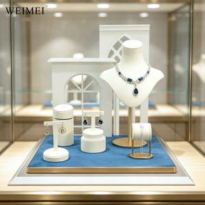 WEIMEI White Gold Trim Blue Velvet Base <b>Necklace</b> Bust Earring <b>Ring</b> Stand Bracelet Holder Luxury Window Jewelry Display Set - Product Image 1