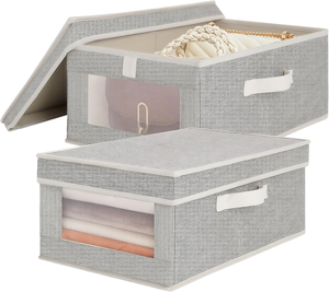 Caja <span class=keywords><strong>de</strong></span> almacenamiento <span class=keywords><strong>de</strong></span> cubierta <span class=keywords><strong>de</strong></span> ventana <span class=keywords><strong>de</strong></span> lino y algodón con dos asas, organizador <span class=keywords><strong>de</strong></span> <span class=keywords><strong>ropa</strong></span> plegable rectangular para armarios, técnica tejida - Product Image 1