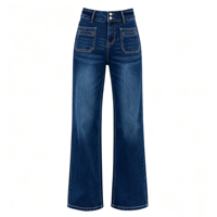 Jean taille haute à jambe large pour femme, double boutonnage, effet ventre plat, poches plaquées, en denim, vente en gros