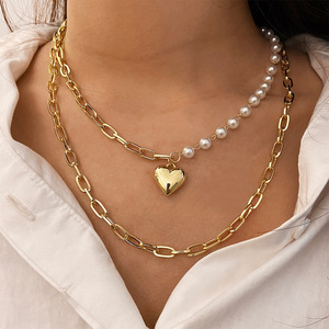 Collar de perlas sintéticas con colgante de corazón geométrico de doble capa para mujer, joyería versátil de estilo Ins - Product Image 1