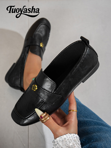 Mocassins noirs pour femmes avec décor camélia, chaussures plates en <span class=keywords><strong>cuir</strong></span> souple à bout carré, chaussures décontractées à enfiler pour le bureau - Product Image 1