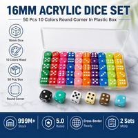 Lot de 50 dés acryliques tétraédriques de 16 mm, 10 couleurs, boîte en plastique, ensemble mixte