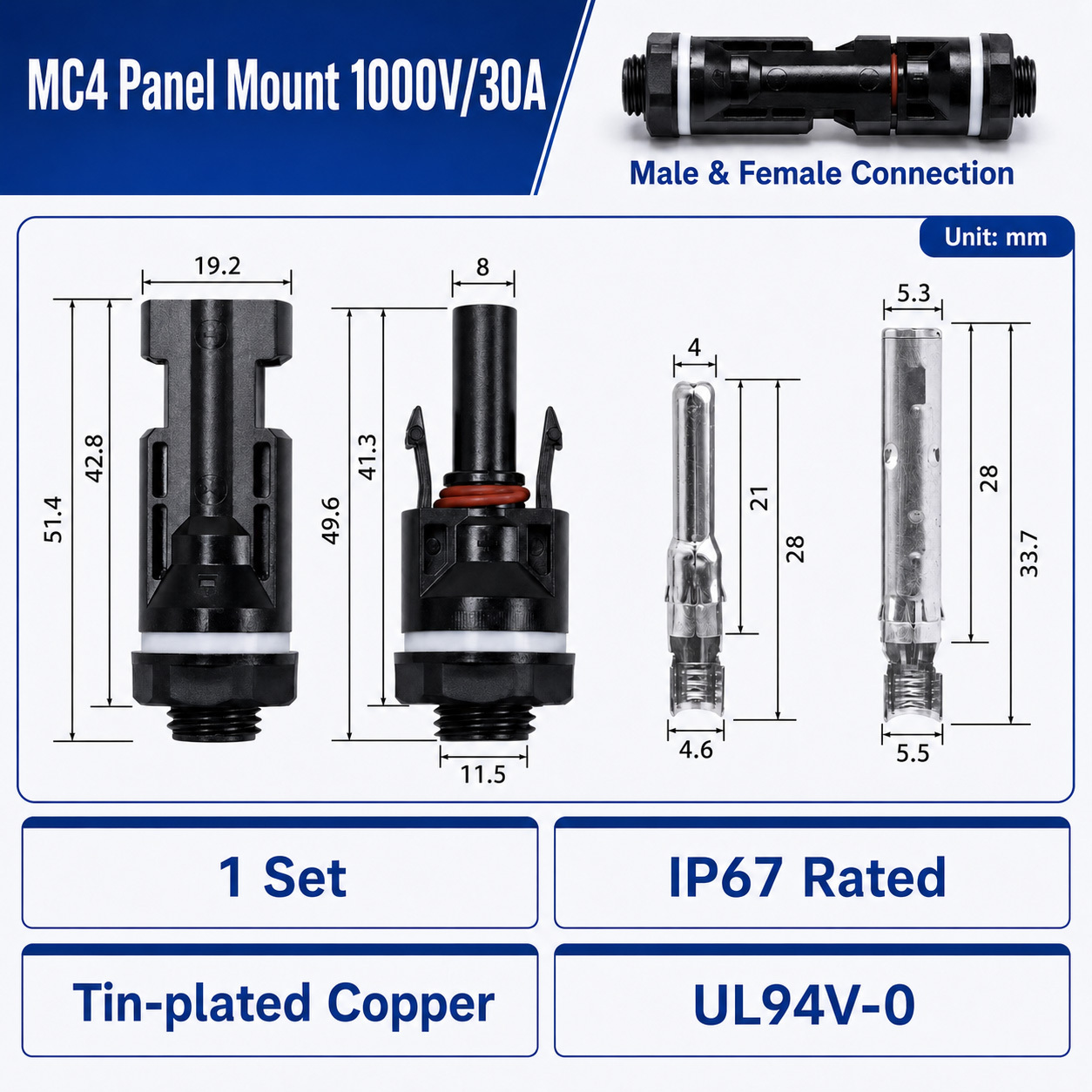 MC4 แบบติดตั้งบนแผง 1000V 30A 1P