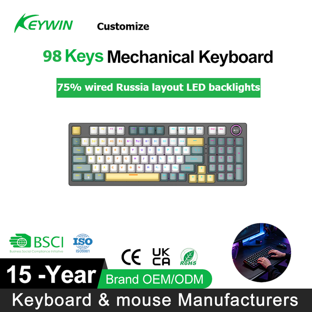 Factory Wholesale 98Key 75% Wired Russian Layout Mechanical Gaming Keyboard Customized LED Gaming Mechanical Keyboard with Knob