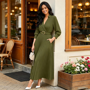 Vestido Maxi Plisado Verde Oliva Talla Grande con Cuello en V, Manga Larga, Cinturón, Corte en A, Elegante para Eventos Formales y de Noche - Product Image 6