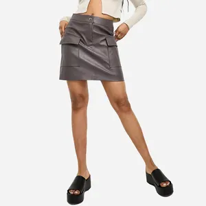 High Rise Concealed Fly Front Pockets Faux Leather Motorcycle Leather Skirt for Women