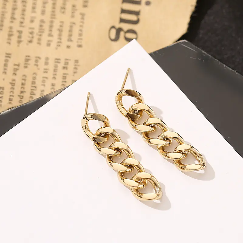 Wholesale Fashion Jewel Waterproof Hypoallergenic Stainless Steel Women Jewelry 14K Gold Plated Thick Cuban Link Chain Earrings