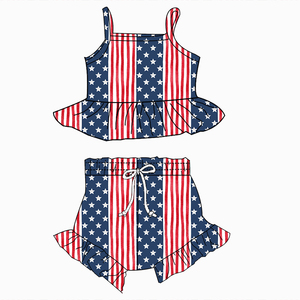 Completo per Bambine per il 4 Luglio, Top con Volant e Pantaloncini in Tessuto Milk Silk, Set 2 Pezzi, Abbigliamento Patriottico per Bambini per la Festa dell'Indipendenza - Product Image 4