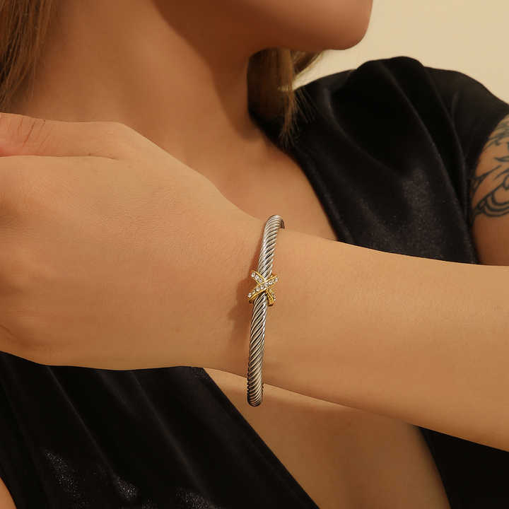 FCJ 1pcs Fashionable Personalized 8-Character Cross Steel Wire Bracelet Open Simple Versatile Trendy Diamond String Bracelet