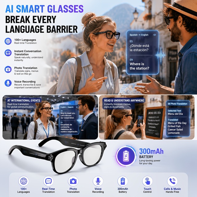 AI Smart Glasses Built-in Camera M08T Hands-Free Video Recording AI Voice Assistant Real-time Translation Wearable Smart Eyewear