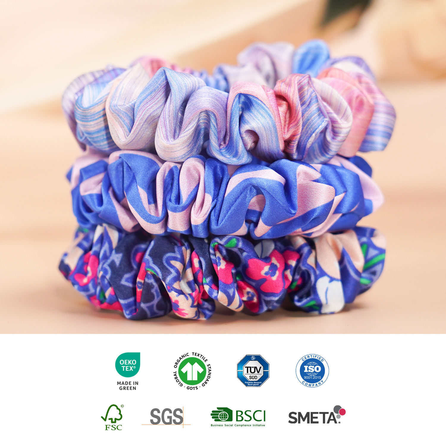 Custom Logo Printed 100% Mulberry Silk Scrunchies With Pattern Fabric for Women Girls Hair Accessories