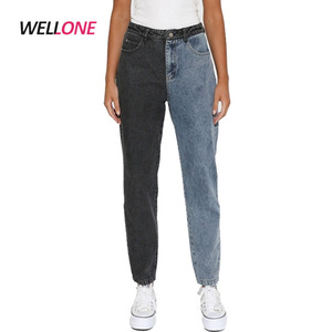2022 personnalisé <span class=keywords><strong>jean</strong></span> deux tons Denim noir et bleu <span class=keywords><strong>taille</strong></span> <span class=keywords><strong>haute</strong></span> personnalisé lavé <span class=keywords><strong>jean</strong></span> femmes <span class=keywords><strong>Jean</strong></span> pantalon - Product Image 1