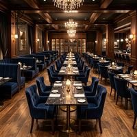 Ensemble de meubles sur mesure Ron Group, table carrée en marbre, chaise rembourrée en velours, banquette bleue à dossier haut capitonnée pour restaurant