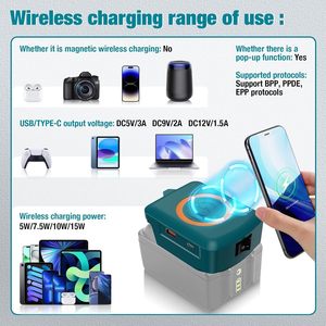 Adaptador de <span class=keywords><strong>Cargador</strong></span> de Batería para Batería <span class=keywords><strong>Makita</strong></span> de 18V, Adaptador de Carga Inalámbrica de 15W Máx. con Cargadores Tipo C y USB que Utilizan la Batería - Product Image 3