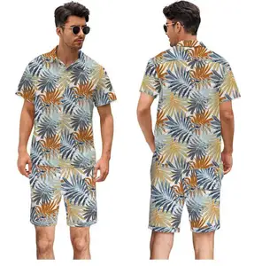 Chaoqi marka toptan yüksek kalite hawai gömlek özel tatil baskı erkekler çiçek gömlek ve kısa seti