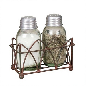Rustic Metal Salt and Pepper Shaker Set with Glass <b>Jars</b> and Iron Caddy Holder for Kitchen Countertop Use Handmade - Product Image 1