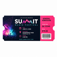 Billets d'événement personnalisés en couleur avec perforation, billets d'entrée pour concerts, mariages et fêtes