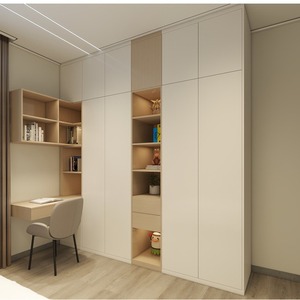 <span class=keywords><strong>Armadio</strong></span> Moderno Minimalista per Studio, Combo Scrivania e Guardaroba Integrati in Tonalità Crema e Legno Chiaro, Certificato CARB P2, RTA Pronto da Montare - Product Image 1