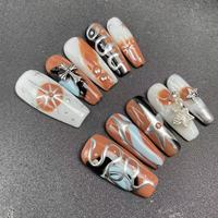 Vente en gros d'usine, faux ongles faits à la main, forme de cercueil, crochet, marron, très vendus, haute qualité, réutilisables