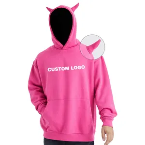 Özel logo hiçbir dizeleri Hoodies erkekler kalın polar Boxy boynuz Hoodies ile kulak boy streetwear Hoodi için OEM ODM