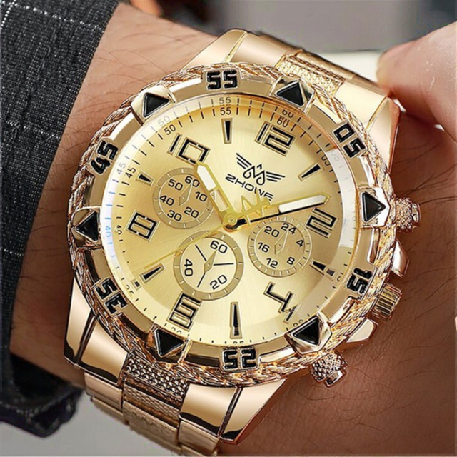 Custom 40mm Analog Quartz Watches Gold Alloy Luminous Dial Complete Calendar Stainless Steel Ribbon Band Water Waterproof Smart