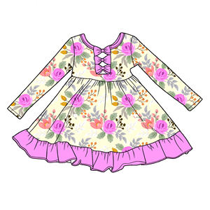 Vestito per Bambina con Stampa a Foglie e Maniche Lunghe in Seta di Latte con Fiocco sul Retro e Tulle - Product Image 5