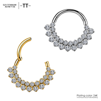 Anneau de nez clicker en titane ASTM F136 G23 16G 8mm 10mm, plaqué or, double rangée de zircone cubique ronde, pour piercing Daith et Helix