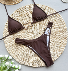 NOUVEAU STOCK Haut de bikini triangle <span class=keywords><strong>marron</strong></span> avec grand anneau métallique Maillot de bain femme sexy Maillot de bain brésilien - Product Image 4